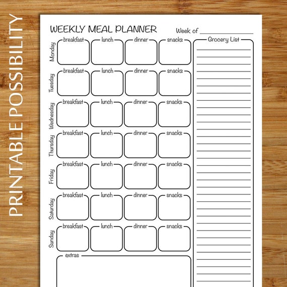 Weekly Menu Planner / Grocery List Meal Planning Printable
