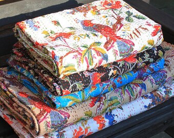 Bird Print Handmade Kantha Quilt / Throw/ Blanket from India boho/ hippie/ chic/ tribal / coverlet/ birthday/ anniversary/housewarming/xmas