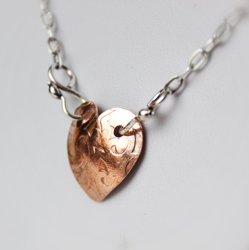 Mixed Metal Heart Pendant Patterned Copper and Sterling