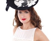 Statement Black felt fascinator hat,Black felt white lace Rabbit felt winter hat, Autumn One of a kind,fedora hat, Elegant fall winter hat