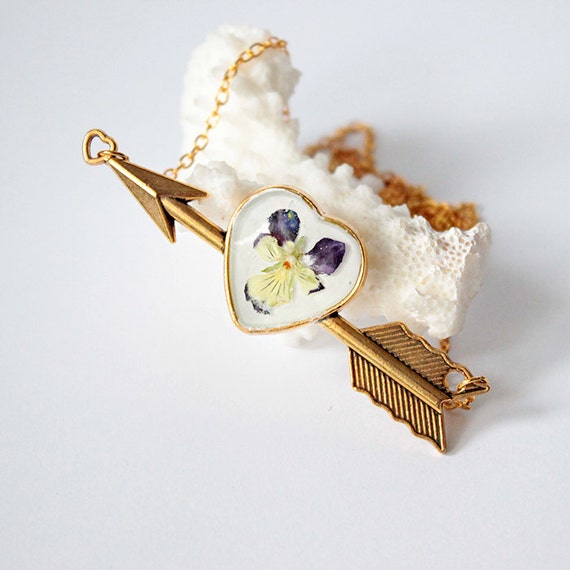 gold arrow terrarium pendant flower heart necklace by SweetLine