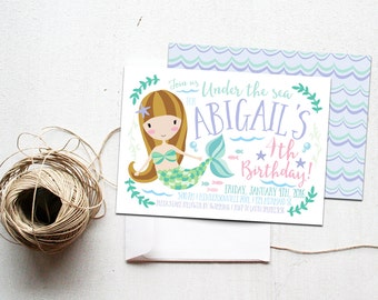 Mermaid Birthday Party Invitation Printable, Brunette Girl Invite, Under the Sea, Swimming Pool Party, Mermaids, Swim, 1st 2nd 3rd 4th 5th