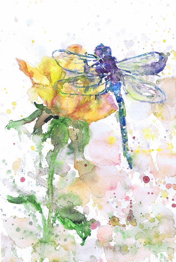 Items similar to Dragonfly Art Insect Print Abstract Watercolor Flowers ...