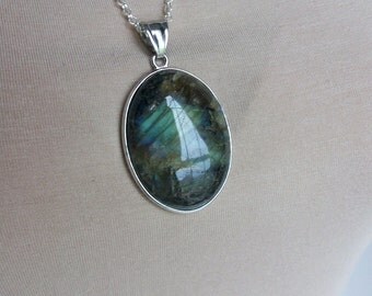 Large Labradorite Pendant Silver Chain Labradorite Necklace Blue Flash Labradorite Genuine Flash Labradorite Necklace Iridescent Stone LB048