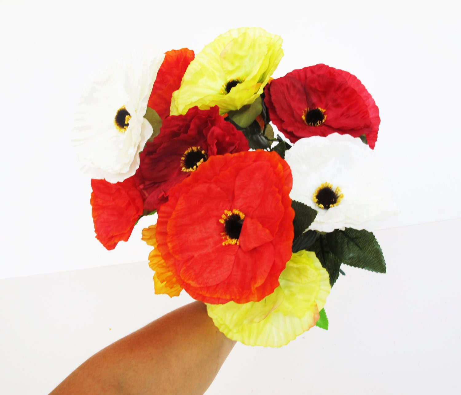 12 Silk Poppies Flowers Bouquet Red green Orange Poppies