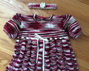 Knitted Baby Dress, Going Home Outfit, Knitted Dress, Headband, 9-12 mths, Knitted Baby Clothes, Birthday, Baby shower, Gifts for Baby Girl