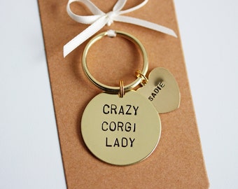 Crazy Corgi Lady Hand stamped Keyring, personalised with dogs name