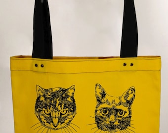 Cats - yellow hand screen printed cotton canvas tote bag