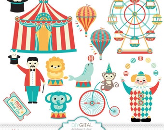 Circus Clip Art - Carnival clipart - clown, lion, elephant, monkey, seal,circus tent, big top, carnival party, hot air balloon, ferris wheel