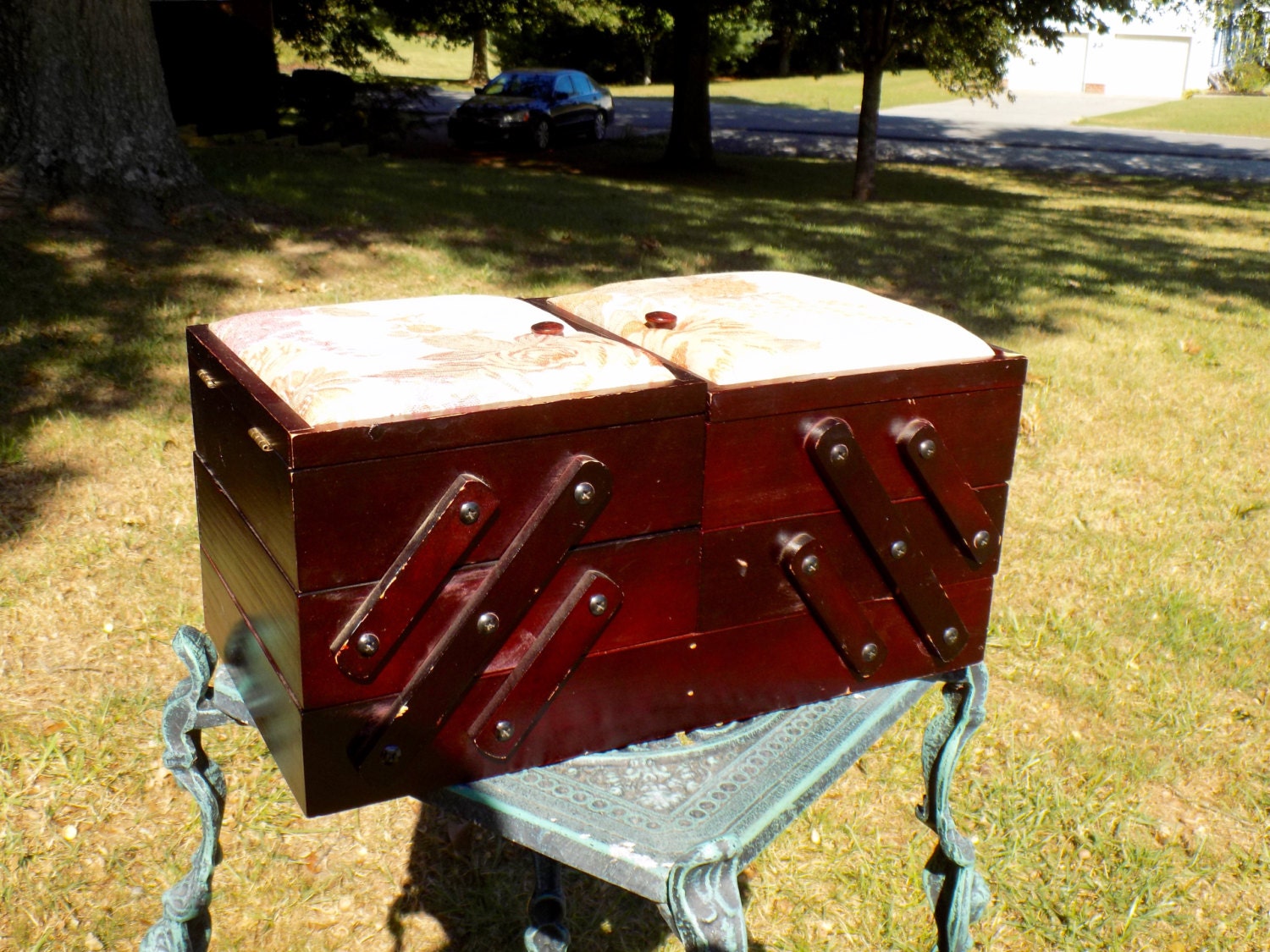 Vintage Foldout Sewing Chest, Folding Sewing Box, Folding Wooden Sewing