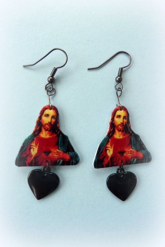Jesus Earrings with heart charms Acrylic plastic