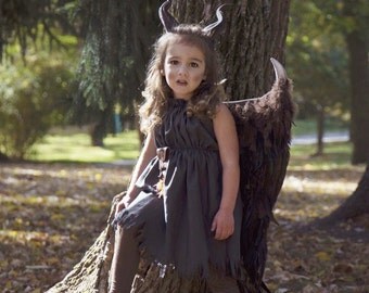 Choose your Options Young Maleficent Inspired costume Wings, Horns 3D Printed Dress and Accessories girls size 2T-14