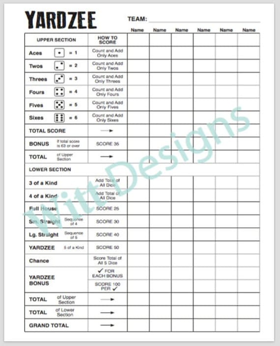 PDF 8.5x11 Yardzee print your own downloadable score sheet