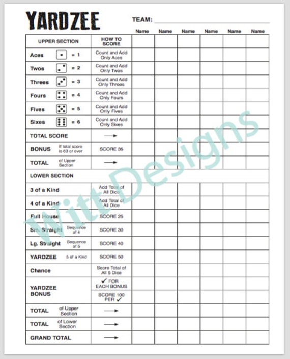 Yardzee Score Sheet Printable Printable Word Searches