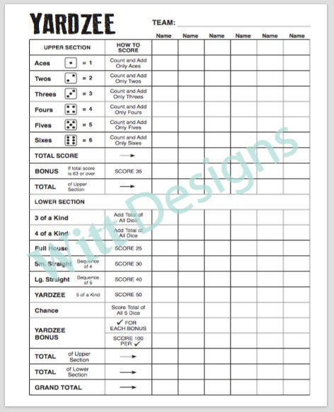 pdf 85x11 yardzee print your own downloadable score sheet