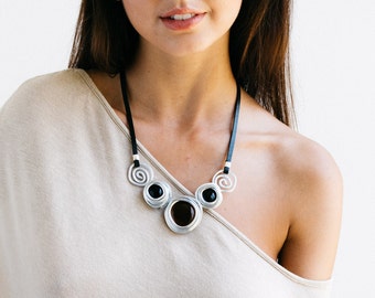 Leather Necklace, Statement Necklace, Silver Necklace, Black Stones Necklace, Bib Necklace, Charm Necklace, Wedding Necklace.