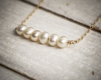 Pearl necklace, wedding necklace, bridal necklace, bridesmaid gift, pearl bar necklace, dainty necklace, simple necklace, gift under 50.