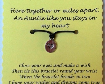 Auntie Wish Bracelet, Cord Wish Bracelet, Keepsake Card, Auntie gift, String Wish Bracelet, Charm bracelet, Auntie card, Quote Jewelry Gift