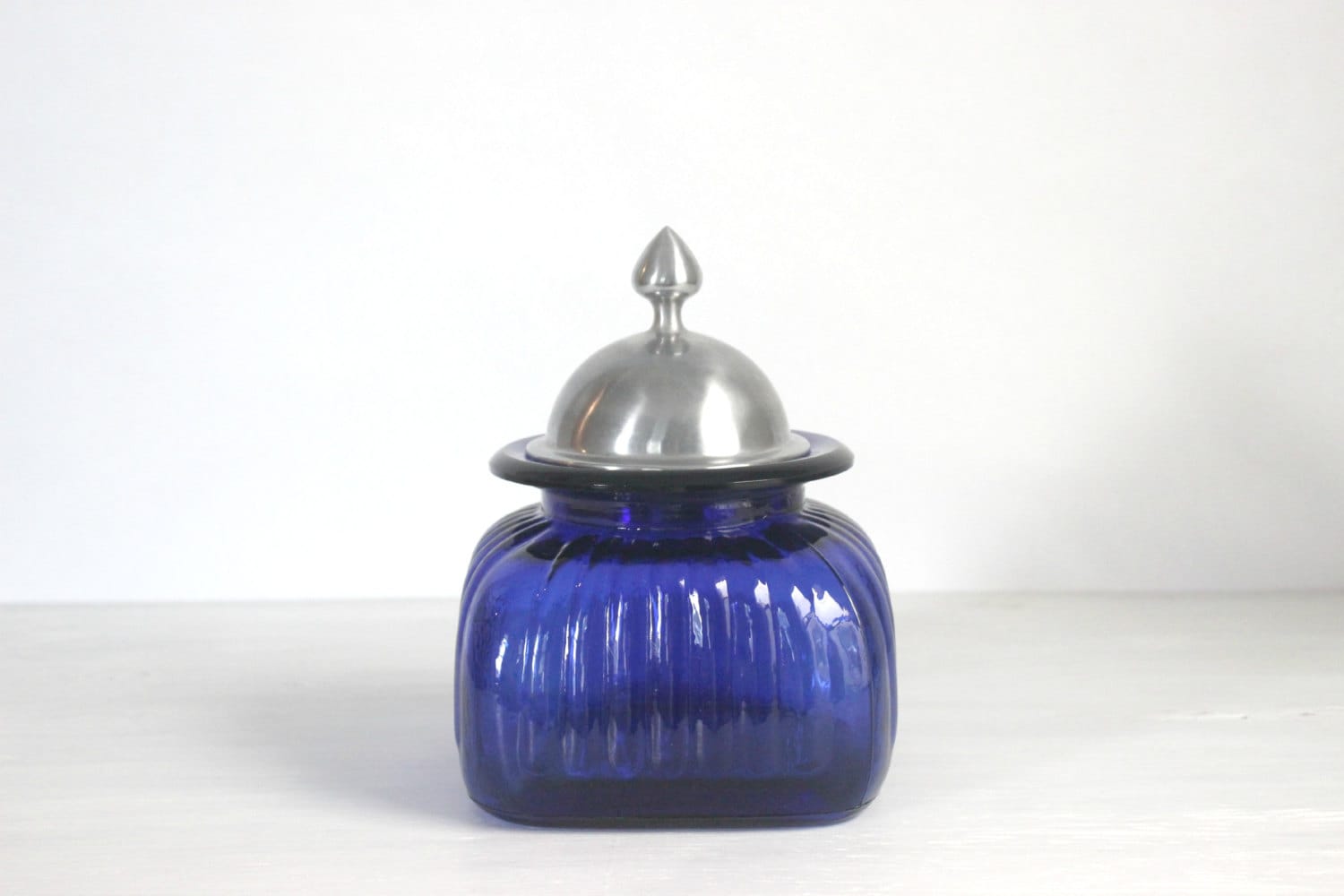 Cobalt blue glass jar with pewter lid