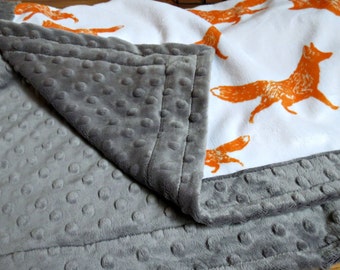 Fox Baby Blanket - Pouncing Fox - Designer Minky - Charcoal