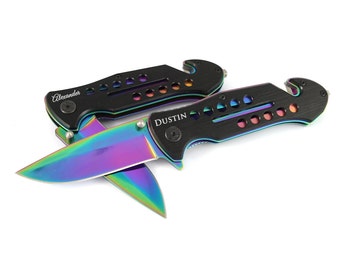 Groomsmen Gifts 1 Personalized Custom Engraved Pocket Knife Black Folding Knife Rainbow Blade Rescue Knife Groomsmen Knives - KFE006