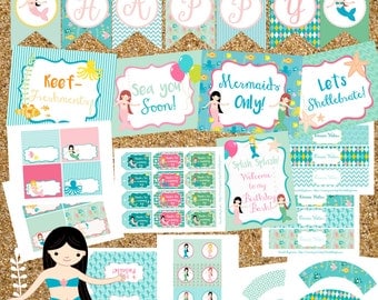 Instant Download Mermaid Party Printables Package, Mermaid Birthday Party, Beach Party, Mermaid Party, Mermaid Party Decorations