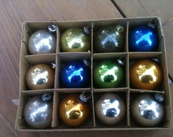 Feather tree vintage small Mercury glass ornaments Occupied Japan box 1940s Christmas decorations multi colored 1 dozen baubles