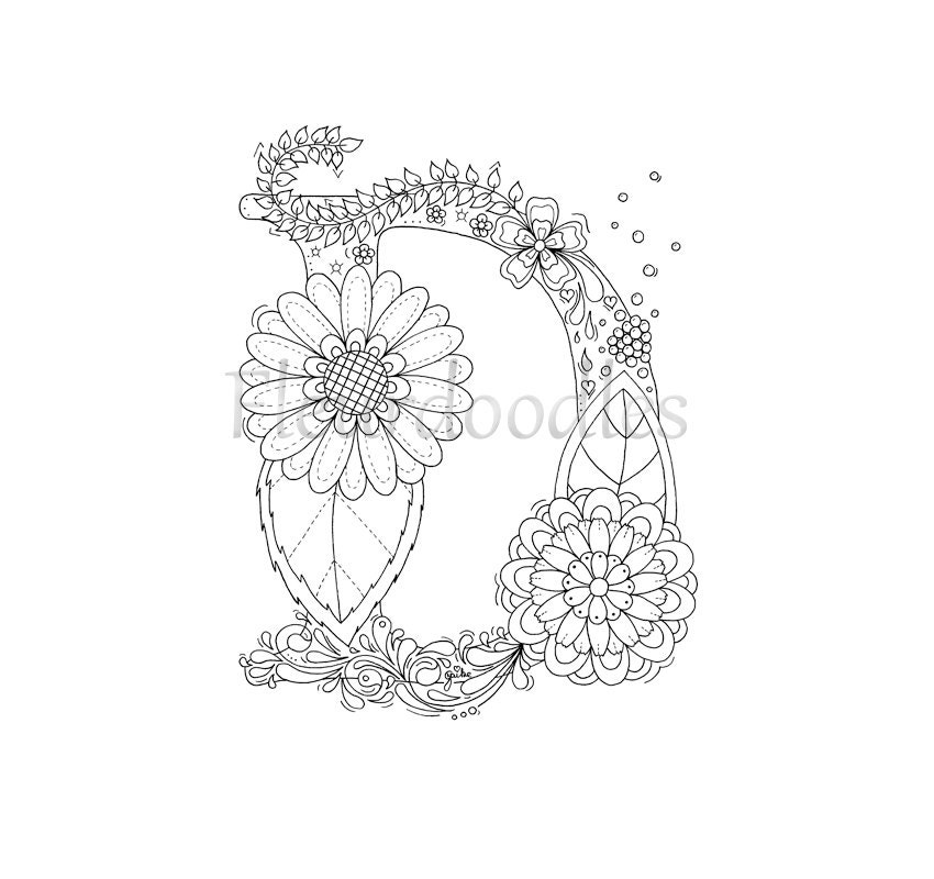 adult coloring page floral letters alphabet D hand
