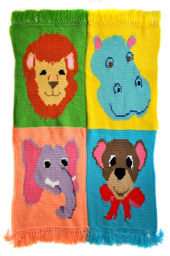 Crochet Afghan Blanket Zoo Animals Multicolored 35 X