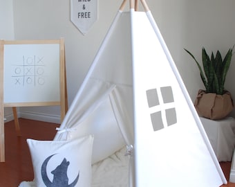 READY TO SHIP, Medium White Canvas Teepee, Play Tent, Kids Teepee, Childrens Teepee, Teepee Tent, Playhouse, Nursery Decor, Birthday Decor