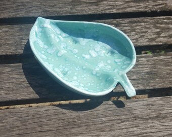 Vintage Mid Century Dryden Hot Spots Aqua Blue Leaf Pottery Bowl Tray Ashtray MCM Teal