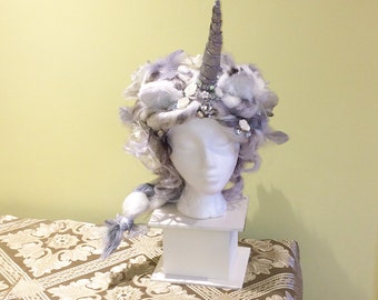 Silver Unicorn Headpiece/Wig- white/grey hair,crystals, long braid, silver horn, rabbit fur ears