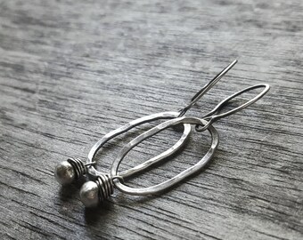 Hammered Oval Earrings - Silver Oval Earrings - Black Silver Earrings - Hammered Sterling Silver Earrings - Oval Earrings - Beaded Earrings