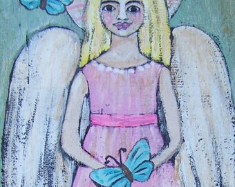 Folk Art Angel Painting Original Primitive Rustic FREE SHIPPING