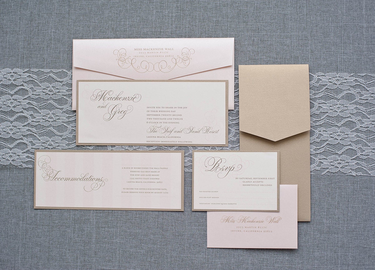 Champagne Gold and Blush Pink Skinny Wedding Invitation