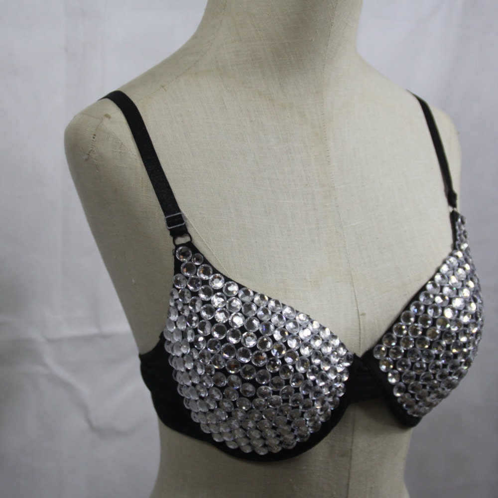 Black Bra With Clear Rhinestone Embellishment Bedazzled Bra