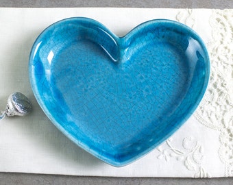 Ceramic Turquoise Heart Dish, Modern pottery handmade gift love Trinket Dish Jewelry Holder Home Decor Serving Plate IN STOCK