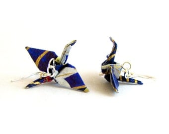 Origami Crane Earrings Dark Blue and White