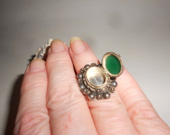 Jade Poison Ring Mysterious Secret Compartment Ring Natural Deep Green Jade Stone - Vintage 40s Native American 800 Coin Silver Jewelry