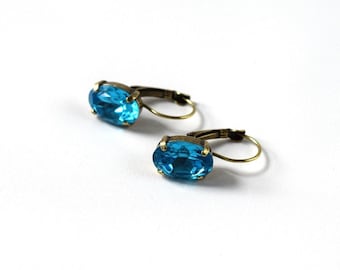 Teal Blue Earrings, Turquoise Crystal Jewelry, Peacock Blue Earring, Blue Topaz Rhinestones, Dames a la Mode Jewelry, Strass Earrings Blue
