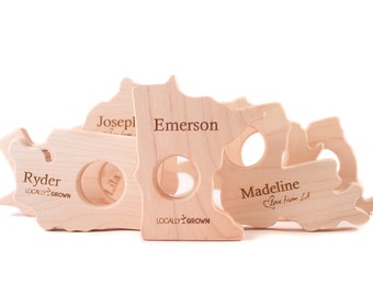 ANY STATE wood teether toy - "locally grown" or "love from" with option to personalize, teething toy for baby boy or girl, ALL 50 states
