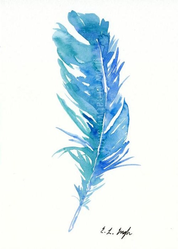 blue teal bird feather original watercolor painting 5x7 blue teal bird feather original watercolor painting 5x7