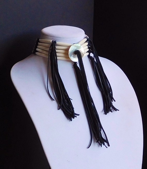 Five Strand Bone Hair Pipe Choker with Black by PrimitiveDesignsTX