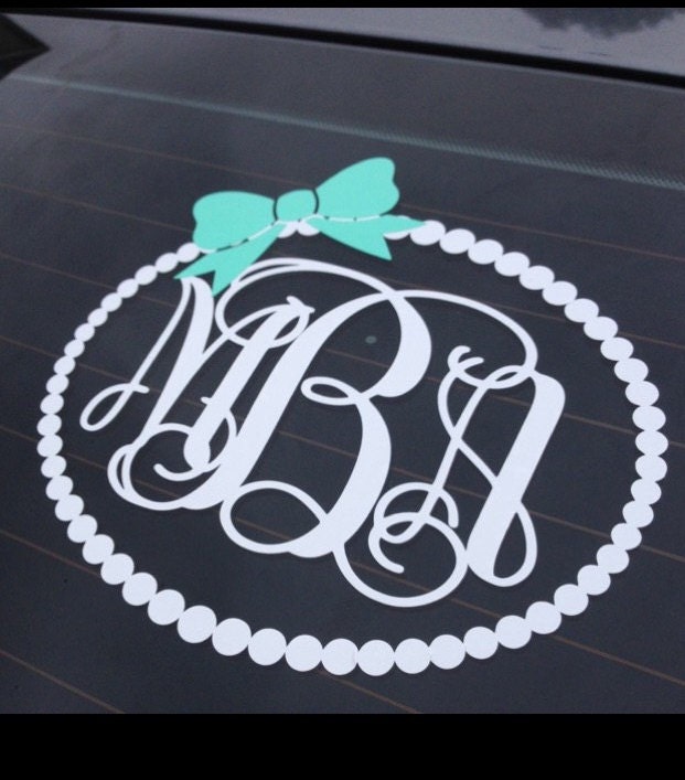Monogram Car Decal Monogram with Bow Pearl Border Vinyl Decal Car Decal Car Personalized Decal