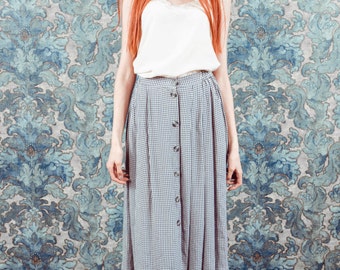 vintage button down skirt,button front skirt,midi skirt,cotton skirt, plaid skirt, pleated skirt