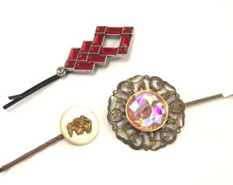 Vintage Jewelry Hair Pins - Jewel Bobby Pins - Bridal Hair Accent - Repurposed Hair Accessory