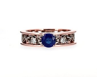 Blue sapphire engagement ring, rose gold, white gold, diamond ring, filigree engagement, two tone, blue engagement, unique, vintage style