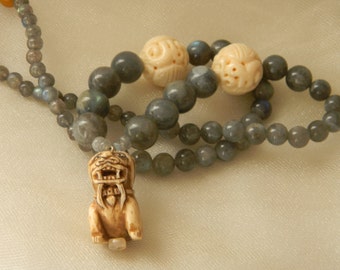 Black onyx Fu Dog pendant w silver leaf jasper beads necklace