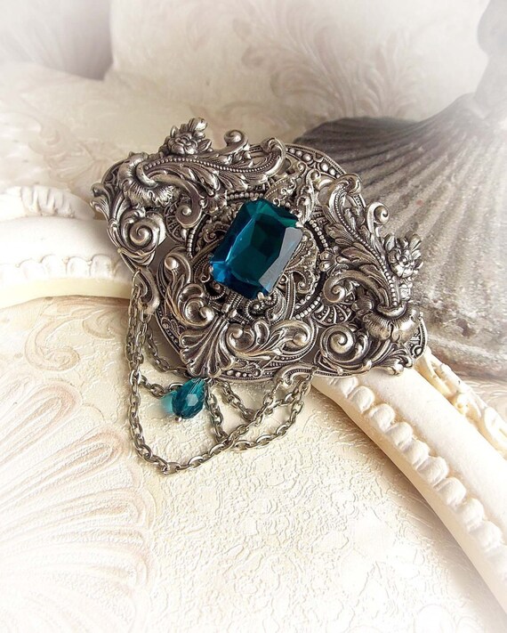 Ocean blue jewel hair clip gothic medieval hair by MidnightVision