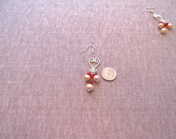 Pearl & Ruby Chandelier Earrings, 2.5" long, 4mm Round Ruby and 6mm Round Pearl Gembeads, Natural E178